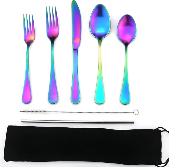 JASHII Modern Royal 5 Pcs Matte Rainbow 18/10 Stainless Steel Utensils Cutlery Dinnerware Set w/Drinking Straw, Knife Fork and Spoon Flatware Set for Wedding Festival Christmas Party Service for 1