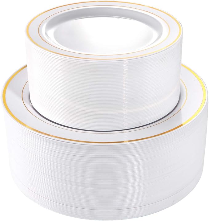 I00000 102 Pieces Gold Plastic Plates, Disposable Party Plates White Gold Rim, 51 Disposable Gold Dinner Plates 10.25 Inch and 51 Disposable Dessert Appetizer Elegant Fancy Wedding Plates 7.5 Inch