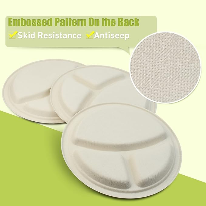 Green Earth, 10-Inch, 500-Count, 3-Compartment Compostable Plates, Natural Bamboo Fibers, Everyday Tableware - Biodegradable - Disposable Round Shape