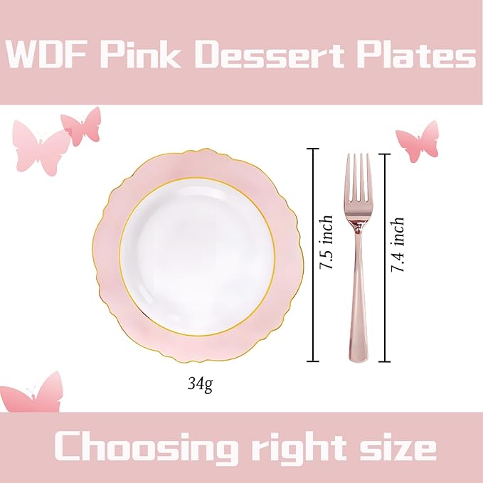 WDF 60pcs Pink Dessert Plates - 7.5inch Baroque Pink &White Disposable Dessert/Appetizer Small Cute Cake Plates for Upscale Parties &Wedding-Special for Baby Shower, Brithday, Valentine's Day