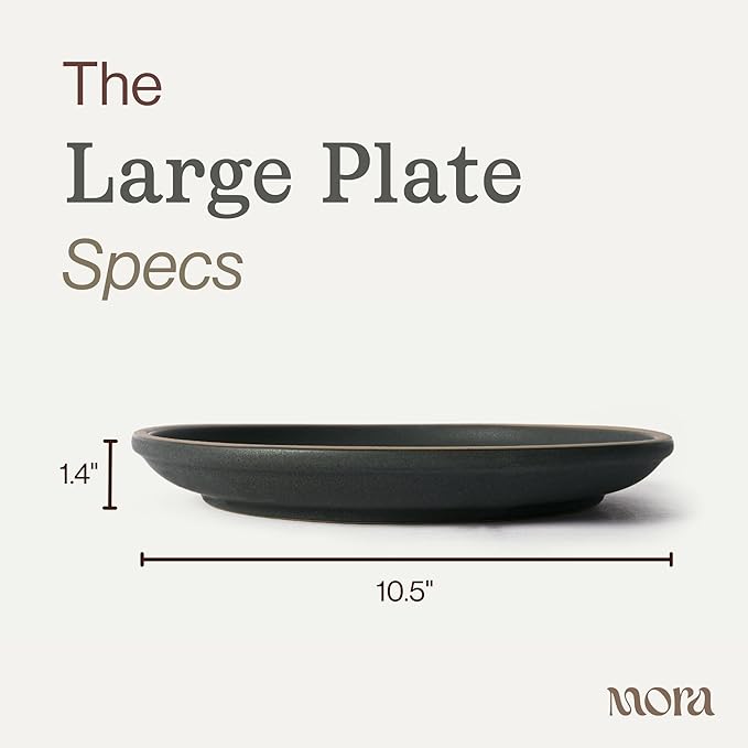 MORA Large Plates Set of 4, 10.5 inch Ceramic Pottery Dinner Plates - Microwave, Oven and Dishwasher Safe - Liquorice