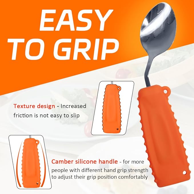 Adaptive Weighted Silverware Utensils Angled Spoon for Hand Tremors Parkinsons,Weighted Utensils with Non-Slip Easy Grip Handles for Independent Eating(Left Hand,Orange,Pack of 1)