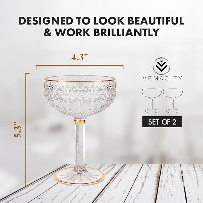 VEMACITY - Embossed Espresso Martini Glasses Set of 2 (10oz) - Gold Rim Coupe Glasses for Cocktails, Champagne & Margaritas - Vintage Art Deco Design | Ideal for Martinis and Margaritas