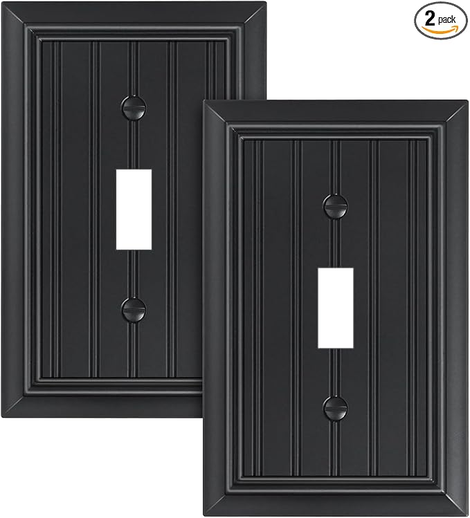 2-Pack Classic Beadboard Single Toggle Light Switch Cover Plate, Durable Natural Bamboo Fiber Decorative Switch Plate Covers, Matte Black 1 Gang Wall Plate