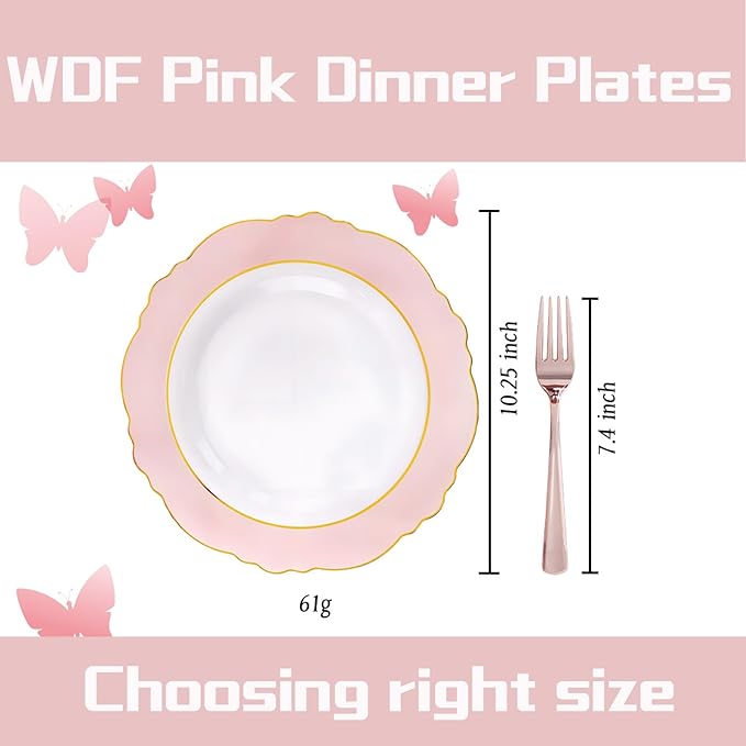 WDF 60pcs Pink Plastic Plates - 10.25inch Baroque Pink And Gold Disposable Dinner Plates for Upscale Parties -Special for Valentine's Party, Wedding, Birthdays