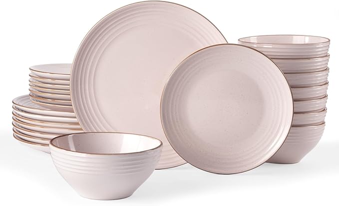 Famiware Jupiter Dinnerware Set, Plates and Bowls Dish Sets for 6 (18 Pieces), Microwave and Dishwasher Safe Stoneware Speckled Tableware, Chip and Scratch Resistant, Light Pink