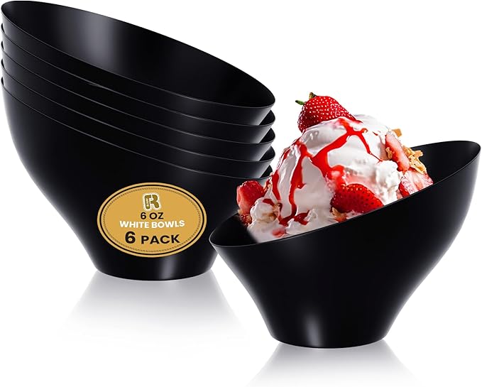 R-kay 6 Pack Angled Black Serving Bowls - Small Plastic bowls 6 oz - Premium Plastic Serving Bowls Heavy Duty For Weddings Catering, parties, And All Occasions (Black, Small)