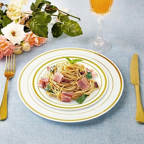 SETUP 100-Piece Gold Trim Plastic Dinnerware Set – 50 10.25" Dinner & 50 7.5" Salad Plates – Heavy-Duty Disposable for Weddings, Catering, Parties - Image 5