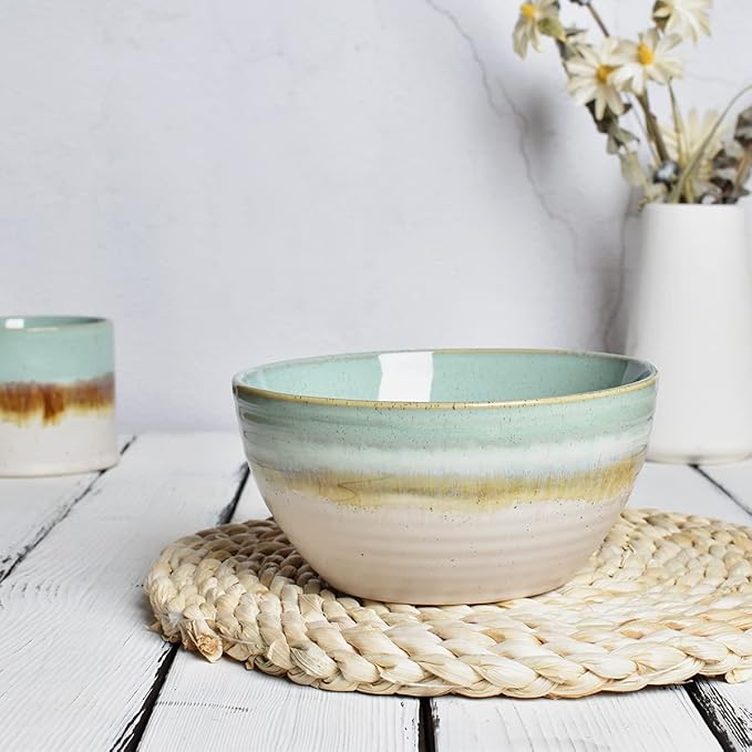 Bosmarlin Ceramic Cereal Bowl Set of 4, 26 Oz, Green Soup Bowl for Oatmeal, Salad, Dishwasher and Microwave Safe, Reactive Glaze (Green, 6 in)