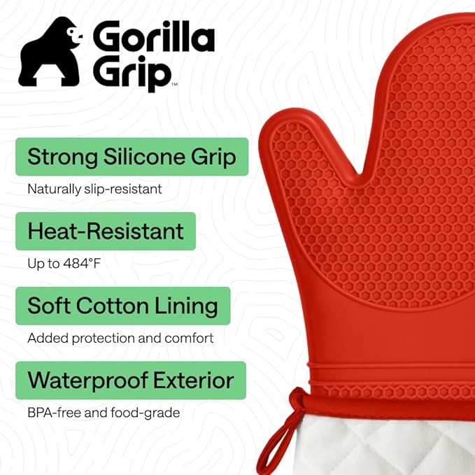 GORILLA GRIP BPA-Free Soft Silicone Oven Mitts, 14.5x8.3, Heat Resistant and Waterproof Cooking Gloves, Thick Cotton Lining, Flexible Gripping for Baking Grilling, Kitchen Potholders Set of 2, Coral