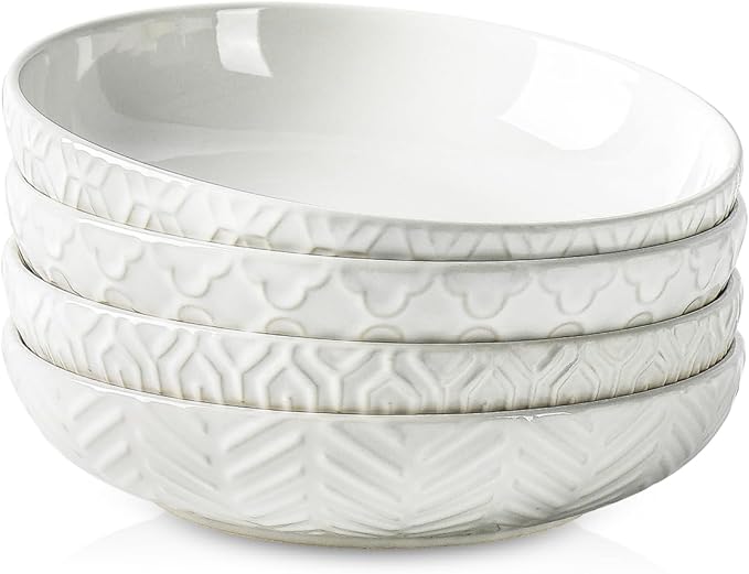 Sureasy 9.7" Pasta Bowls Set of 4-42 oz Large Salad Bowls for Kitchen, Embossed Ceramic Serving Bowls for Fruits, Soup, Pasta and Salad, Microwave & Dishwasher Safe, White