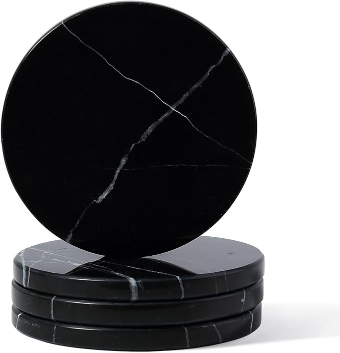 Koville Marble Coaster Set of 4, Round Coasters, 4" Stone Coaster for Drinks Coffee, White Marble Coasters for Coffee Table Home Bar Decor, Heat Resistant, Gift Choice(Black)