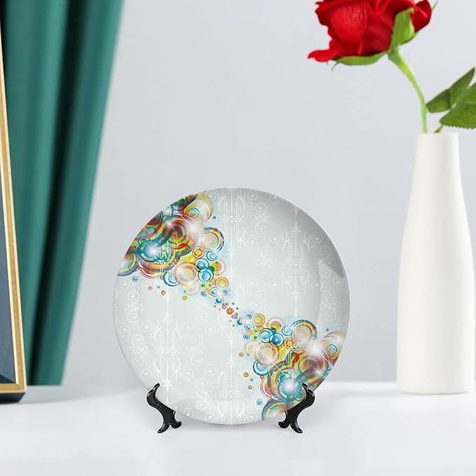 Ceramic Display Plate, Abstract Ceramic Hanging Decorative Plate, Modern Design Rainbow Waves Circles Patterned, 8 Inch, Household Custom Ceramic Plate, Multicolor