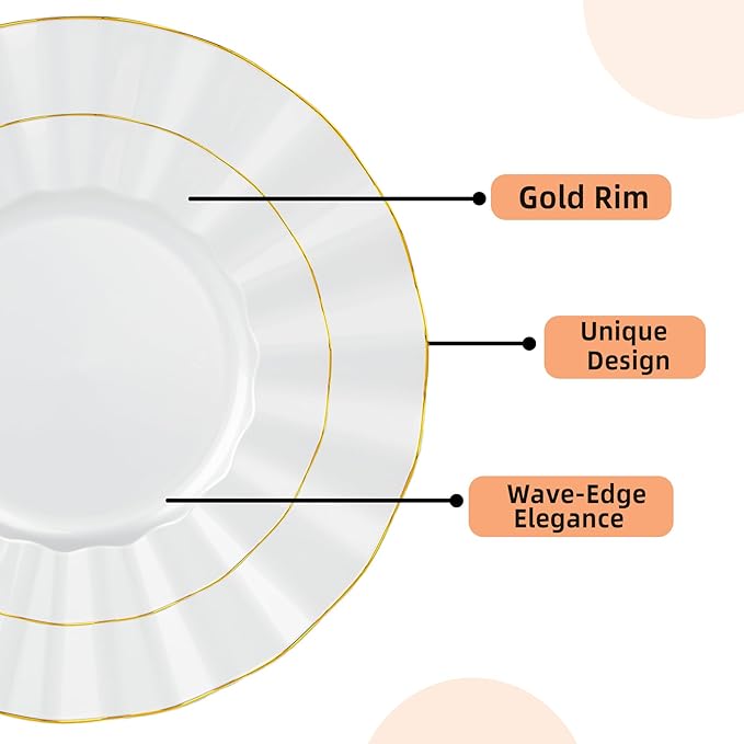 72PCS Pearl White Plastic Plates, Heavy Duty Disposable Party Plates with Gold Rim, 36 Dinner and 36 Dessert for Parties and Wedding