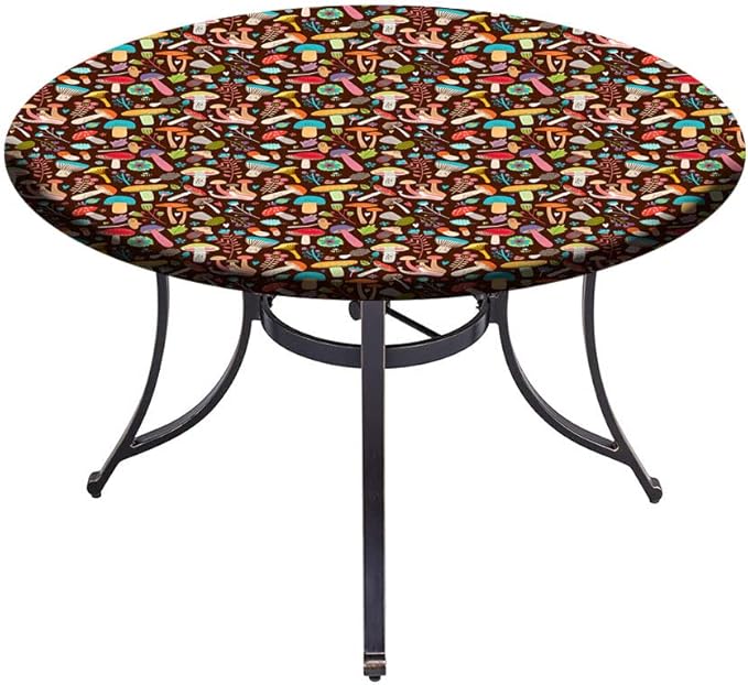 Round Tablecloth, Mushrooms Tablecloth for Side Table, Attractive Various Cartoon Leaves and Mushrooms Graphic, Fit Round Tables 44inch Diameter, for Dining Room/Party/Banquet Decoration, Brown