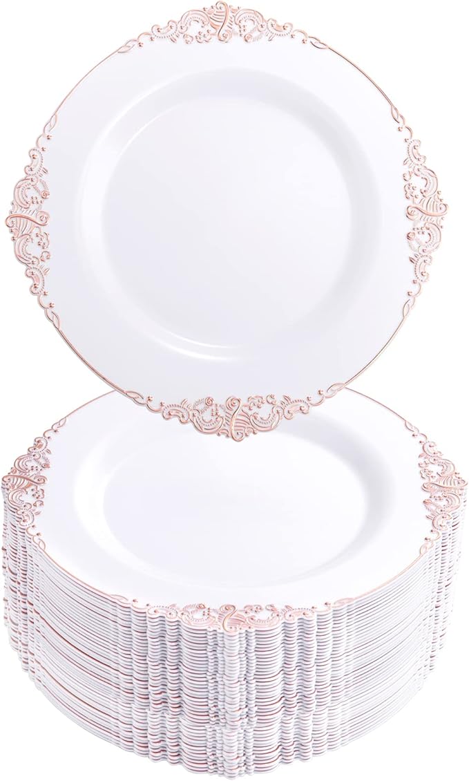 Morejoy 100pcs Plastic Plates - Disposable - 7.5 inch White and Rose Gold Dessert Plates for Weddings & Parties & Shower