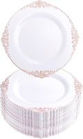 Morejoy 100pcs Plastic Plates - Disposable - 7.5 inch White and Rose Gold Dessert Plates for Weddings & Parties & Shower