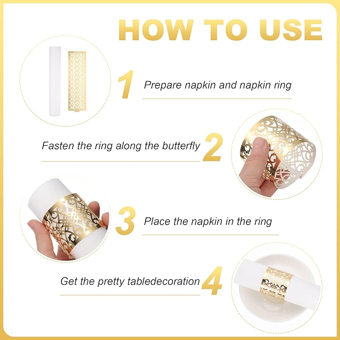 uxcell 100Pcs Napkin Rings Laser Cut Foil Paper, Napkin Holder Hollow Napkin Bands for Weddings Party Serviette Table Decoration Restaurant (White, 5.3 x 1.6)