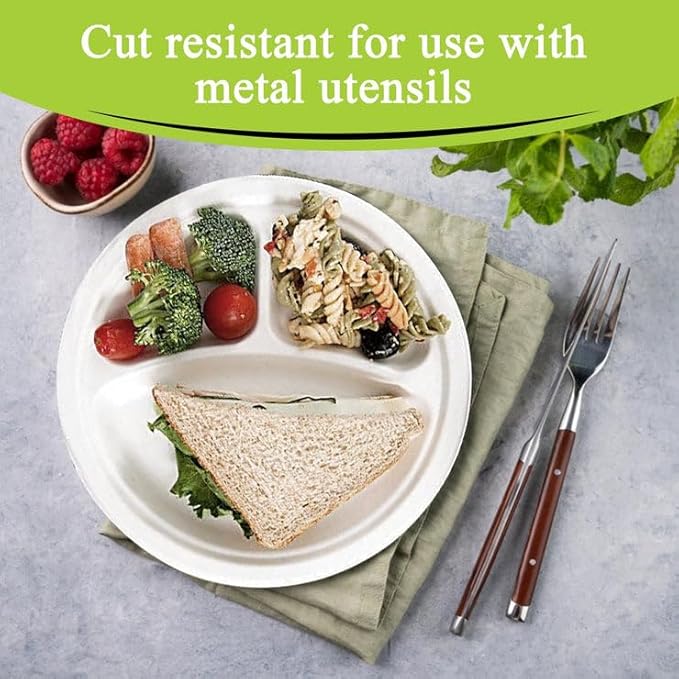 three leaf 9" 3 COMPARTMENT BAGASSE ROUND PLATE, 18,000 Ct. (36 cases x 500 plates) Heavy-Duty- Super Strong- Natural- Eco-Friendly Disposable Bagasse Plates