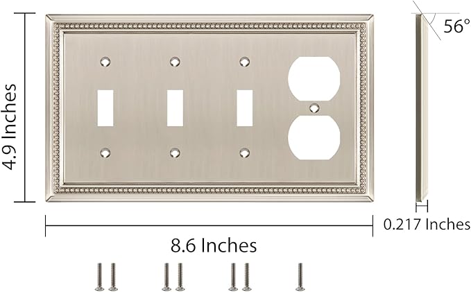 Henne Bery Sunken Pearls Heavy Duty Decorative Wall Plate Switch Plate Outlet Cover (Triple Toggle/Single Duplex, Satin Nickel)