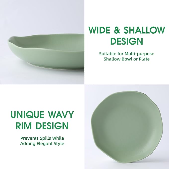 Pasta Bowls Set of 4, Ceramic 24.5oz Serving Salad Bowl, Large 8.5 inch Wide Shallow Soup Bowls with Wavy Rim, Easy to Clean, Oven Microwave Dishwasher Safe for Fruit Pasta Salad Dinner - Green