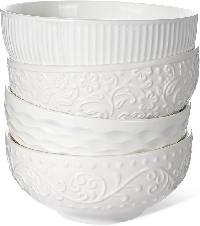Artena Ceramic Cereal Bowls 26 oz, Embossment Soup Bowls Set of 4, White Salad Bowl for Kitchen, Dinner, Breakfast, Oatmeal, Rice, Pasta, Dishwasher Microwave Safe, 6 inch (Multiple Patterns)