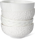 Artena Ceramic Cereal Bowls 26 oz, Embossment Soup Bowls Set of 4, White Salad Bowl for Kitchen, Dinner, Breakfast, Oatmeal, Rice, Pasta, Dishwasher Microwave Safe, 6 inch (Multiple Patterns)