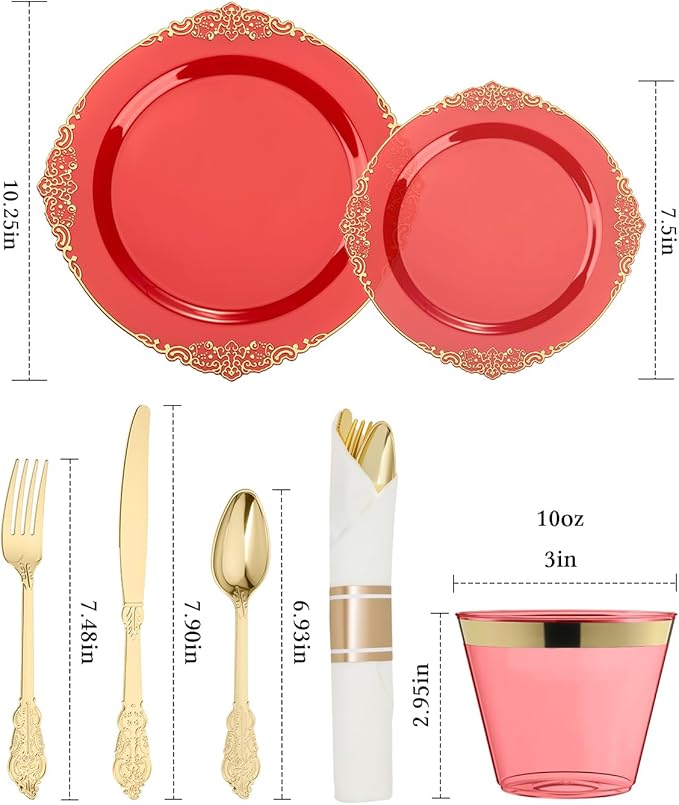 Goodluck 350 Piece Red Dinnerware Set for 50 Guests, Fancy Disposable Plates, Include: 100 Red Rim Plastic Plates, 150 Silverwares, 50 Pre Rolled Napkins, 50 Cups for Party, Wedding