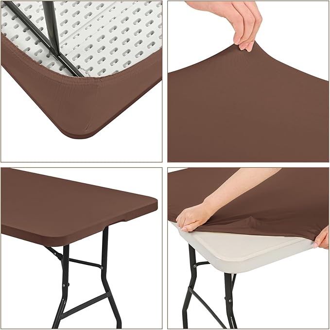 10 Pack Fitted Tablecloth for 8 Foot Rectangle Tables, Coffee Elastic Outdoor Picnic Table Cover, Washable Stretch Folding Table Cloths 8 ft for Camping Party Patio Kitchen Banquet, 30" W x 96" L