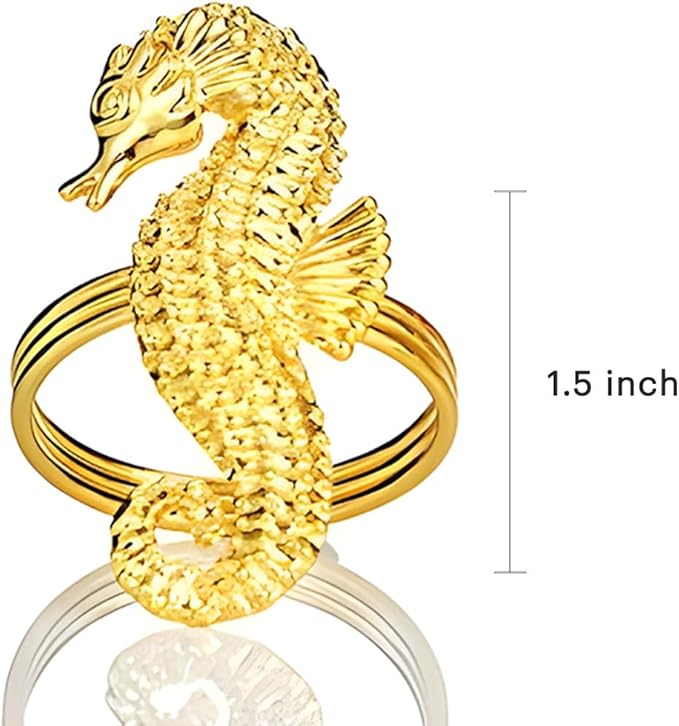 Decozen Set of 4 Gold Napkin Rings in Sea Horse Design, Festive, Table Decor Setting for Holiday, Wedding, Birthday, Kitchen, Home Decor, Housewarming Gift - Mothers Day Decorations