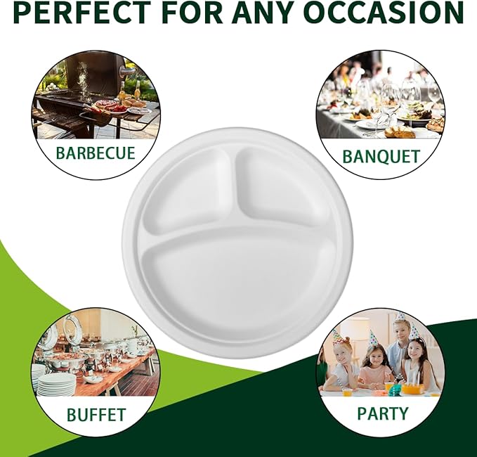 9 Inch 3 Compartment Paper Plates 【White 150 Pack】, Compostable Divided Plates, 100% Sugarcane Bagasse, Heavy Duty Disposable Plates for Lunch, Salad, BBQ, Picnic