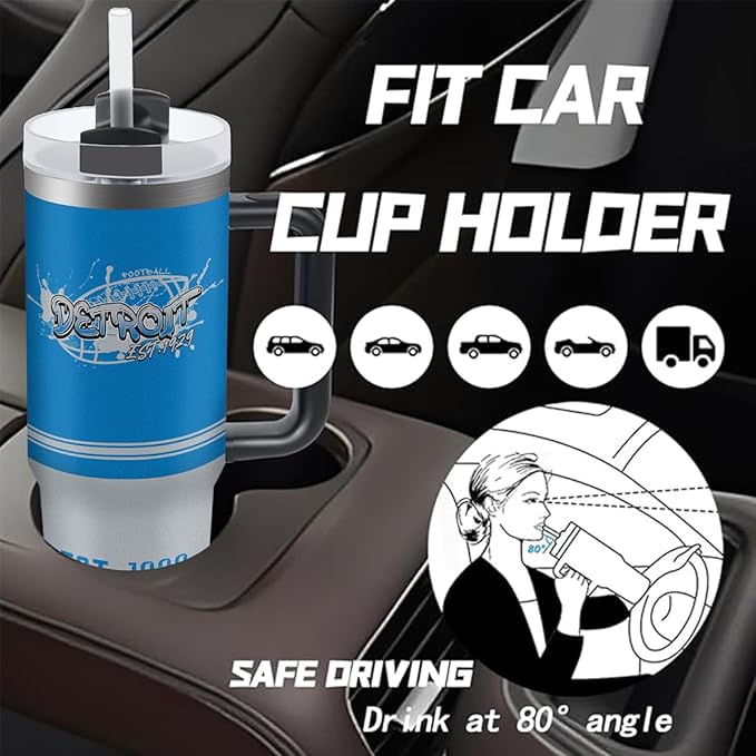 Detroit 30 oz Tumbler with Handle and Straw,Car cup,Coffee Mug,100% Leakproof Insulated Tumbler with Lid and Straw,Made of Stainless Steel,Cup Holder Friendly Base,Classic Collection Gifts for Fans