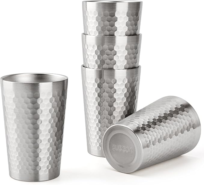 5 Pack 12 oz Stainless Steel Insulated Cup, Honeycomb Double Wall Vacuum Small Metal Cup, Reusable Camping Cups Unbreakable Indoor Outdoor for Party, Home, Office, BBQ, Silver