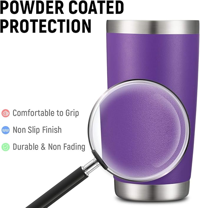 COMOOO 20oz Double Wall Vacuum Insulated Travel Mug, Stainless Steel Tumbler with Lid and Straw Durable Powder Coated Insulated Coffee Cup for Cold & Hot Drinks (Purple. 2 Pack