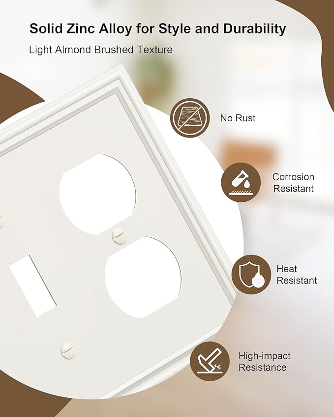 2-Pack Combo Toggle/Duplex Light Switch Cover Plate, Light Almond Wall Outlet Cover Plate, Decorative Wall Receptacle Cover for Electrical Outlets, Light Switch, Durable Solid Zinc Alloy