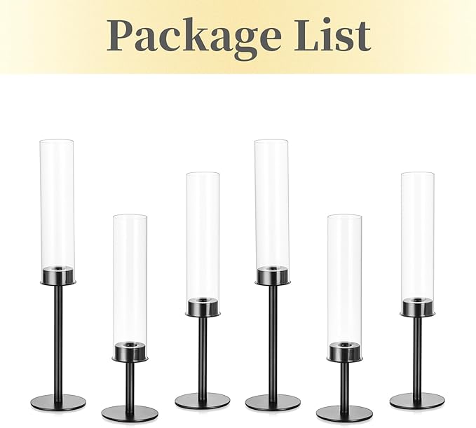 Hewory Black Candlestick Holders Hurricane Candle Holder, 6Pcs Candle Stick Candle Holder Candelabra, Taper Candle Holders with Glass Candle Cover for Wedding Table Centerpiece Christmas Decor