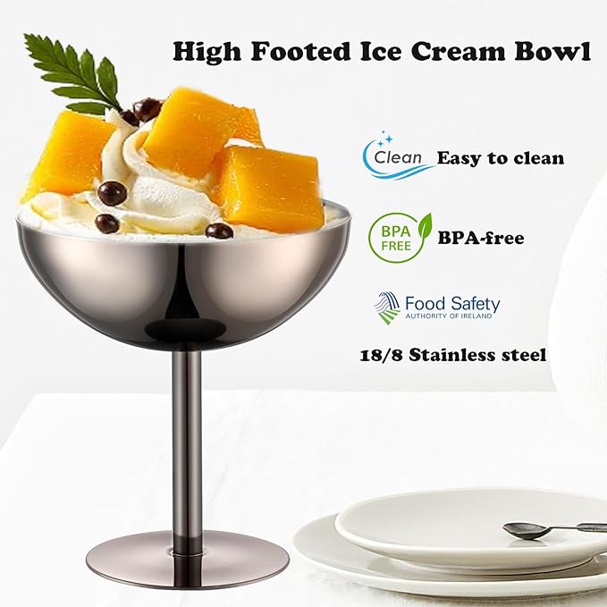 Ice Cream Bowls Stainless Steel Dessert Cups with Spoons Reusable Footed Sundae Cups Ice Cream Cups for Dessert, Frozen Yogurt, Gelato, Birthday Party Decorations (1, Black)