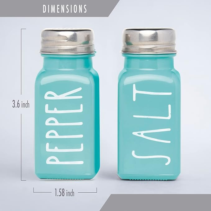 Turquoise Salt and Pepper Shakers Set, a cute teal premium glass shakers with holder and stainless steel lids, perfect for adding a modern kitchen decor charm, great as a gift.