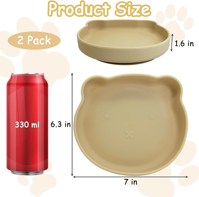Silicone Cat Food Bowl Suction Cup Cat Dish 7" Shallow Cats Food & Water Bowls Set of 2 Non-Slip Kitty Plates Relief Whisker Fatigue Puppy Feeding Bowl for Dry & Wet Food (Beige)