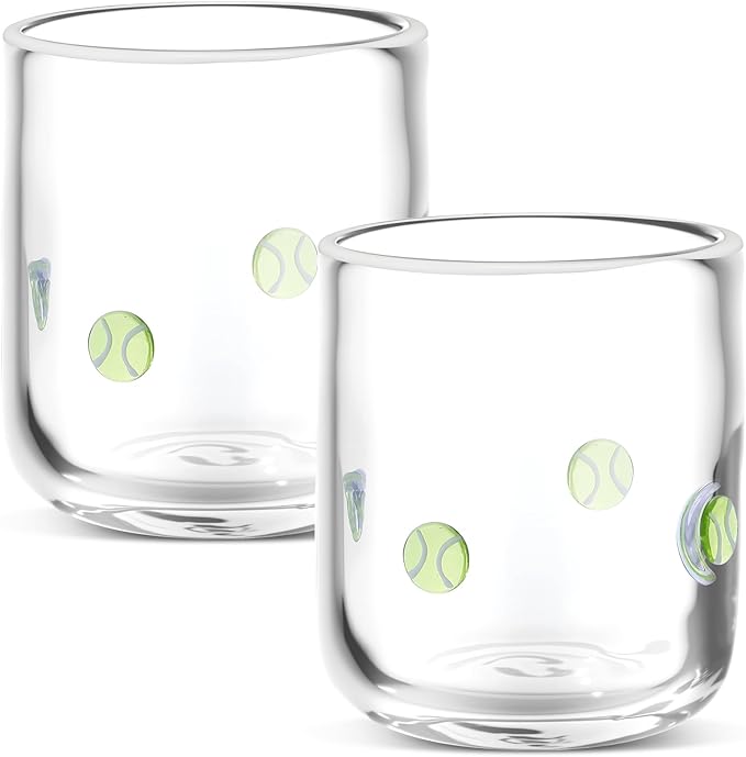 Icon Juice Glasses, 14oz Stemless Wine Drinking Juice Glass Cup for Valentine Party Supplies Gift(2 Pcs,Tennis Ball)