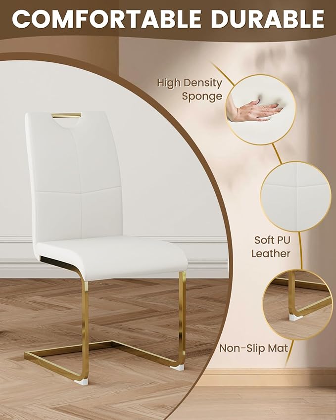 47.2" Round Glass Dining Table Set for 4, Modern 5 Piece Kitchen Table Set with Gold Stainless Steel Base & 4 PU Leather Accent Chairs, Saving Space, Dining Set for Apartment, Home - White Chair