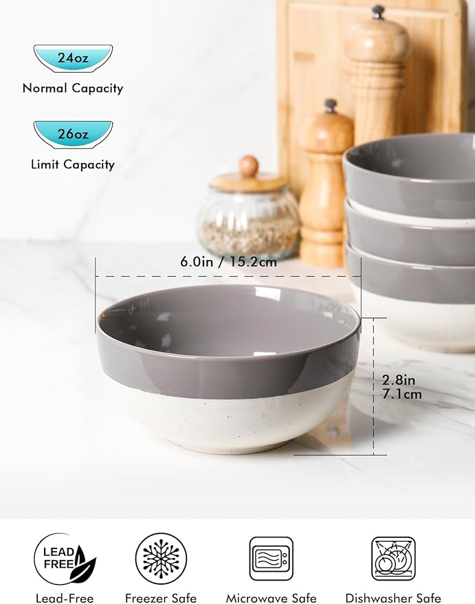 AISBUGUR Cereal Bowls Set of 4, 26oz Large Soup Bowls for Kitchen, Ceramic Bowls for Oatmeal, Salad, Pasta, Soup, Dessert, Serving Bowls Dishwasher & Microwave Safe, Grey