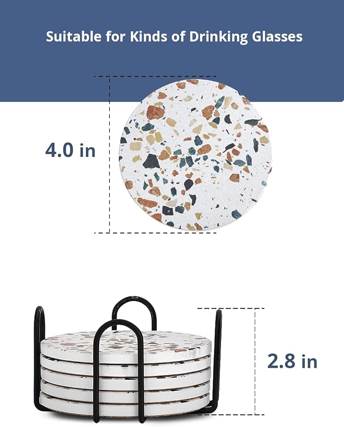 LIFVER Absorbent Drink Coasters with Holder, Set of 6 Ceramic Coasters Set with Cork Base, for Kinds of Drinking Glasses, 4 Inches Stone Coasters for Home Decor, White Elephant Gifts for Adults