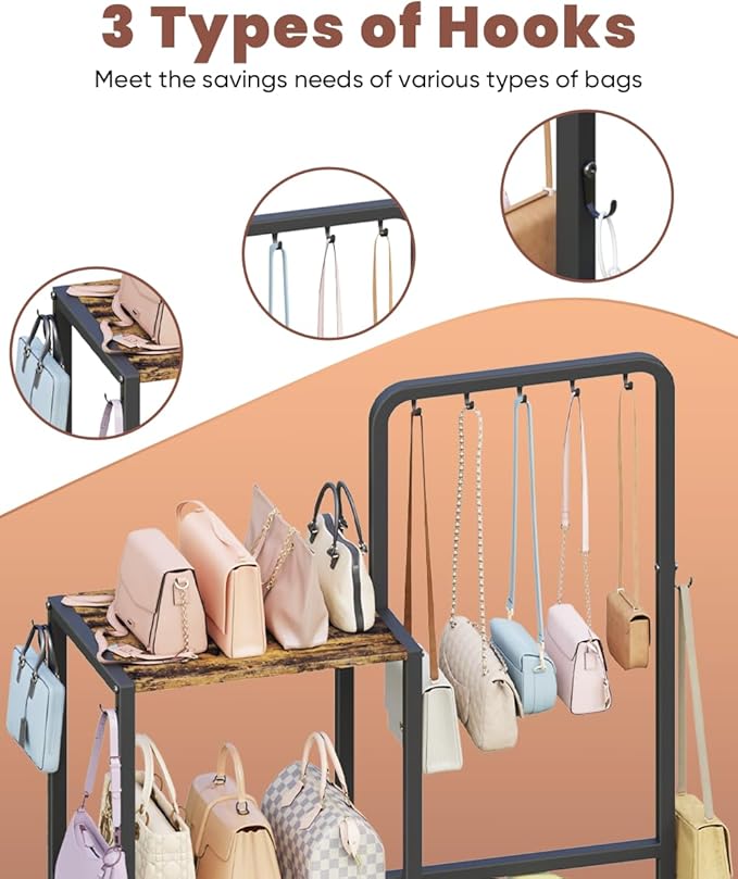 Floor-Standing 3-Tier Purse Organizer, High-Capacity Bag Holder with 8 Hooks, Multi-Functional Purse Rack for Various Bags, Handbag Display Stand Shelf for Closet, Bedroom, Entryway, Black