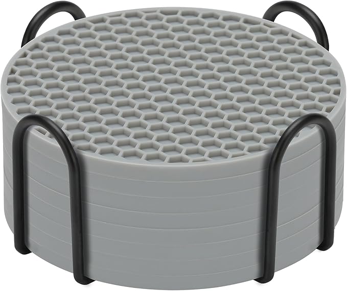 Silicone Coasters Set of 8 with Holder,Coasters for Drinks,Beer,Coffee Coasters,Suitable for Kinds Cups,Hot or Cold,Anti-SLI,Non-Stick,Anti-Overflow Tabletop Protection and Decor (8 Pcs, Gray)