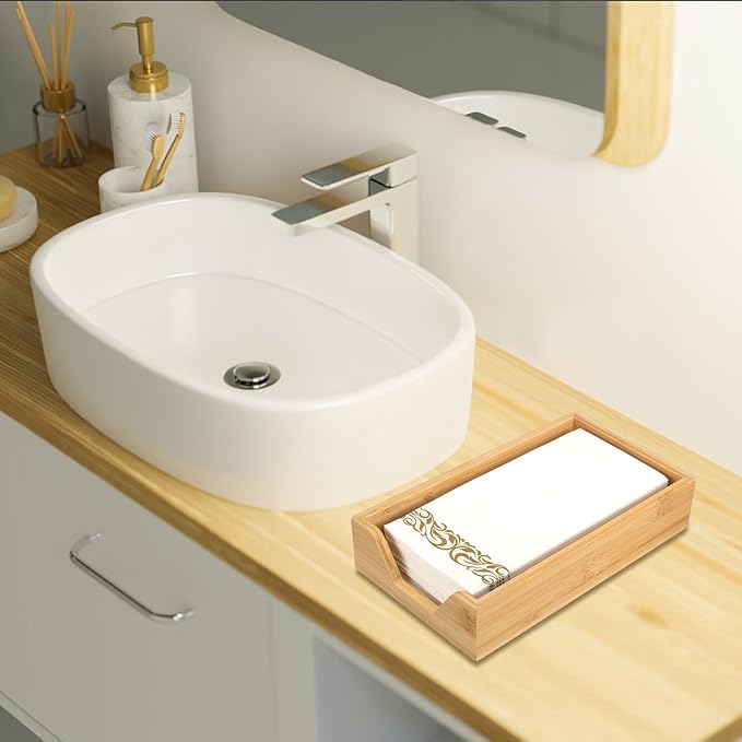 Guest Towel Holder Tray for Bathroom and Table - Modern Bamboo Napkin Holder for Farmhouse Bar and Party