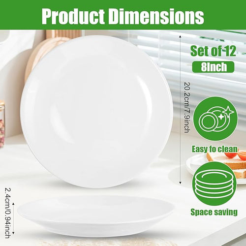 12 Pcs 8 Inch Ceramic Appetizer Plates, Round Dessert Plate Set, White Porcelain Serving Plate for Cake Snacks Bread, Microwave & Dishwasher Safe