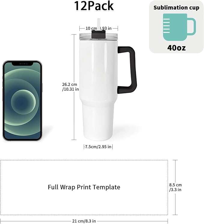 40 oz Sublimation Tumblers with White and Black Handle Lid and Straw 12 Pack Stainless Steel Double Wall Vacuum Insulated Travel Mug Cup Bulk Sublimation Blank for DIY Gift