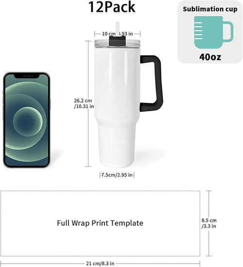 40 oz Sublimation Tumblers with White and Black Handle Lid and Straw 12 Pack Stainless Steel Double Wall Vacuum Insulated Travel Mug Cup Bulk Sublimation Blank for DIY Gift
