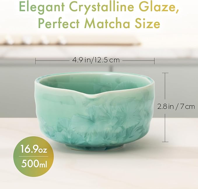 Matcha Bowl | Japanese Crystal-Glazed Ceramic Matcha Tea Bowl with Spout | Traditional Matcha Chawan | Designed in Japan |「Crystal Shell Green」